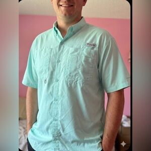Columbia Tamiami Mint Blue Green Aqua Short Sleeve PFG Fishing Shirt XL